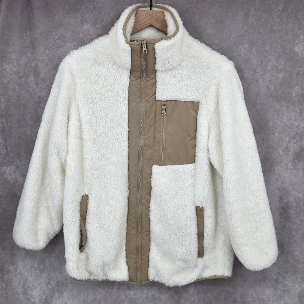 Lands' End Full Zip Cozy High Pile Fleece Jacket Womens Small Coat White/Tan